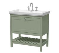 Nuie Old London Bexley Floor Standing 1 Drawer Vanity & 3 Tap Hole Fireclay Basin, Stylish Vanity Unit With Basin, Fern Green, 800mm