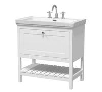 Nuie Old London Bexley Floor Standing 1 Drawer Vanity & 3 Tap Hole Fireclay Basin, Stylish Vanity Unit With Basin, Pure White, 800mm
