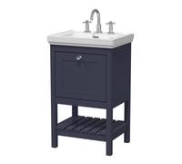 Nuie Old London Bexley Floor Standing 1 Drawer Vanity & 3 Tap Hole Fireclay Basin, Stylish Vanity Unit With Basin, Indigo Blue, 500mm