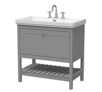 Nuie Old London Bexley Floor Standing 1 Drawer Vanity & 3 Tap Hole Fireclay Basin, Stylish Vanity Unit With Basin, Cool Grey, 800mm