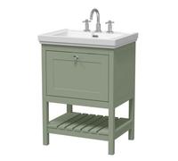 Nuie Old London Bexley Floor Standing 1 Drawer Vanity & 3 Tap Hole Fireclay Basin, Stylish Vanity Unit With Basin, Fern Green, 600mm