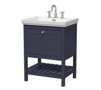 Nuie Old London Bexley Floor Standing 1 Drawer Vanity & 3 Tap Hole Fireclay Basin, Stylish Vanity Unit With Basin, Indigo Blue, 600mm