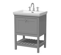 Nuie Old London Bexley Floor Standing 1 Drawer Vanity & 3 Tap Hole Fireclay Basin, Stylish Vanity Unit With Basin, Cool Grey, 600mm