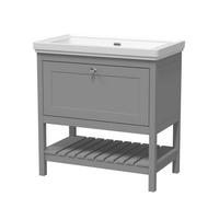 Nuie Old London Bexley Floor Standing 1 Drawer Vanity Without Tap Hole Fireclay Basin, Stylish Vanity Unit With Basin, Cool Grey, 800mm