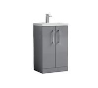 nuie PAL030 Arno Compact Modern Bathroom Floor Standing 2 Door Vanity Unit & Polymarble Basin, 500mm, Satin Grey
