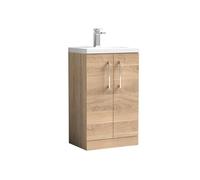 nuie PAL032 Arno Compact Modern Bathroom Floor Standing 2 Soft Close Door Cloakroom Vanity Unit with Polymarble Basin, 500mm, Bleached Oak Woodgrain