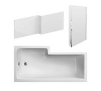 Nuie Right Hand Square Shower Bath Set, Modern Bathtub With Screen & Side Panel, Deep Soaking Bathtub With Legs In White, 1800mm