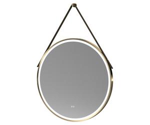Nuie Salana Frame with Brown Strap Round Illuminated LED Mirror with Demister and Touch Sensor | Brushed Brass | Glass/Aluminium | 800mm