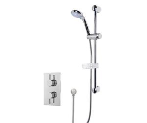 Nuie SBR08TW1 Bundle Modern Bathroom Twin Thermostatic Shower Valve with Curved Slide Rail Kit and Round Outlet Elbow, Chrome
