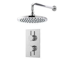 Nuie SBR09TW1 Bundle Modern Bathroom Twin Thermostatic Valve Wall Mounted Arm and Round Fixed Shower Head, Chrome
