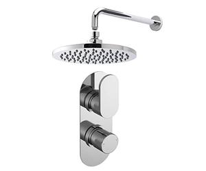 Nuie SBR13TW1 Bundle Modern Bathroom Twin Thermostatic Binsey Valve Wall Mounted Arm and Round Fixed Shower Head, Chrome
