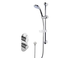 Nuie SBR14TW1 Bundle Modern Bathroom Twin Thermostatic Arvan Shower Valve with Curved Slide Rail Kit and Round Outlet Elbow, Chrome