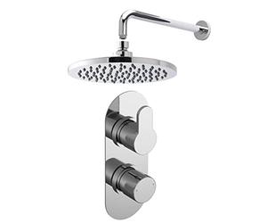Nuie SBR15TW1 Bundle Modern Bathroom Twin Thermostatic Arvan Valve Wall Mounted Arm and Round Fixed Shower Head, Chrome