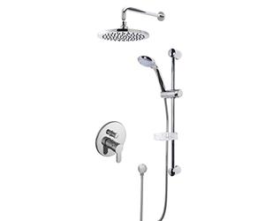 Nuie SBR16MV2 Bundle Modern Bathroom Concealed Manual Arvan Valve with Diverter, Curved Slide Rail Kit and Outlet Elbow, and Round Wall Mounted Arm and Fixed Shower Head, Chrome
