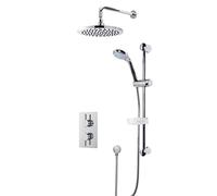 Nuie SBR18TW2 Bundle Modern Bathroom Concealed Twin Thermostatic Valve with Diverter, Curved Slide Rail Kit and Outlet Elbow, Round Wall Mounted Arm and Fixed Shower Head, Chrome
