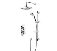 Nuie SBR23TW2 Bundle Modern Bathroom Twin Thermostatic Arvan Valve with Diverter, Curved Slide Rail Kit and Outlet Elbow, Round Wall Mounted Arm and Fixed Shower Head, Chrome