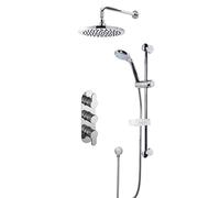 Nuie SBR24TR2 Bundle Modern Bathroom Triple Thermostatic Arvan Valve with Curved Slide Rail Kit and Outlet Elbow, Round Wall Mounted Arm and Fixed Shower Head, Chrome