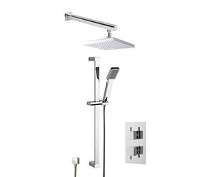 Nuie SBS39TW2 Bundle Modern Bathroom Twin Thermostatic Valve with Diverter, Slide Rail Kit and Outlet Elbow, and Square Wall Mounted Arm and Fixed Shower Head, Chrome
