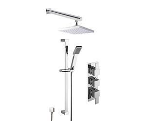 Nuie SBS40TR2 Bundle Modern Bathroom Triple Thermostatic Valve Slide Rail Kit and Outlet Elbow, and Square Wall Mounted Arm and Fixed Shower Head, Chrome