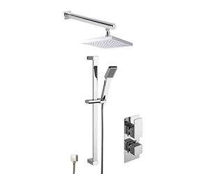 Nuie SBS42TW2 Bundle Modern Bathroom Windon Twin Thermostatic Valve with Diverter, Slide Rail Kit and Outlet Elbow, and Square Wall Mounted Arm and Fixed Shower Head, Chrome