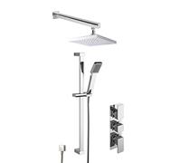 Nuie SBS43TR2 Bundle Modern Bathroom Windon Triple Thermostatic Valve Slide Rail Kit and Outlet Elbow, and Square Wall Mounted Arm and Fixed Shower Head, Chrome