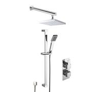 Nuie SBS44TW2 Bundle Modern Bathroom Sanford Twin Thermostatic Valve with Diverter, Slide Rail Kit and Outlet Elbow, and Square Wall Mounted Arm and Fixed Shower Head, Chrome