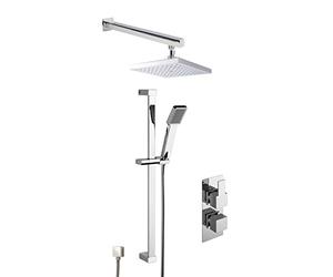 Nuie SBS44TW2 Bundle Modern Bathroom Sanford Twin Thermostatic Valve with Diverter, Slide Rail Kit and Outlet Elbow, and Square Wall Mounted Arm and Fixed Shower Head, Chrome