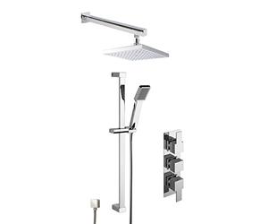 Nuie SBS45TR2 Bundle Modern Bathroom Sanford Triple Thermostatic Valve Slide Rail Kit and Outlet Elbow, and Square Wall Mounted Arm and Fixed Shower Head, Chrome