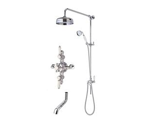 Nuie SBT143TR2 Bundle Traditional Bathroom Triple Exposed Thermostatic Valve, Round Rigid Riser Kit with Single Function Shower Head and Handset and Bath Spout, Chrome