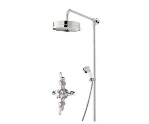 Nuie SBT144TR2 Bundle Traditional Bathroom Triple Exposed Thermostatic Valve and Round Rigid Riser Kit with Single Function Shower Head and Handset, Chrome