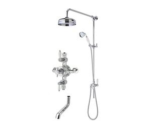 Nuie SBT145TR2 Bundle Traditional Bathroom Triple Exposed Thermostatic Valve, Rigid Riser Kit with Single Function Shower Head and Handset and Bath Spout, Chrome