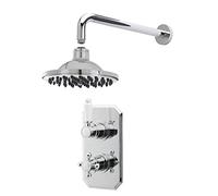 Nuie SBT55TW1 Bundle Traditional Bathroom Concealed Twin Thermostatic Valve, Round Wall Mounted Arm and Fixed Shower Head, Chrome