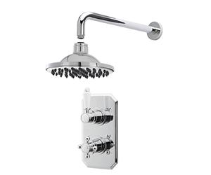 Nuie SBT55TW1 Bundle Traditional Bathroom Concealed Twin Thermostatic Valve, Round Wall Mounted Arm and Fixed Shower Head, Chrome