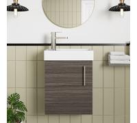 Nuie MIN009 Vault Modern Bathroom Single Soft Close Door Wall Hung Vanity Unit with 1 Tap Hole Ceramic Basin, 400mm, Woodgrain Anthracite