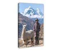 NUIHAGF Alpaca Farmer Posing with Lama in The Andes, Peru Mountain Canvas Poster Wall Art Decor Print Picture Paintings for Living Room Bedroom Decoration 08x12inch(20x30cm)
