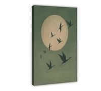NUIHAGF Minimalist Crane Moon - Soothing Bird Wall Art in Green And Gold Tones Canvas Poster Bedroom Decor Landscape Office Room Decor Gift 24x36inch(60x90cm)