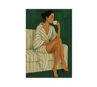 NUIHAGF Morning Ritual - Calm Feminine Art Print in Striped Robe Canvas Poster Bedroom Decor Landscape Office Room Decor Gift 08x12inch(20x30cm)