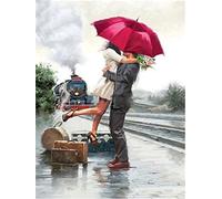 NUISX Cross Stitch Kits 11Ct Stamped Patterns Train Station Couple for Kids and Adults DIY Preprinted Embroidery Kit for Beginner