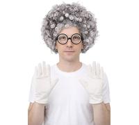 NuJake Adults Mad Scientist Einstein Fancy Dress Costume Set Grey Curly WIg White Gloves & Nerdy Science Glasses