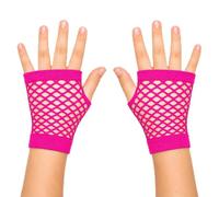 NuJake Girls Short Fishnet Fingerless Gloves 1980s Neon Disco Party Colours - Pink