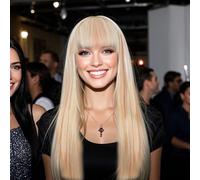 Nujvnuj Women's Blonde Wigs Long Straight Blonde Beige Wig with Fringe for a Natural Look - Perfect for Everyday Party Cosplay