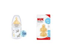 NUK First Choice+ Baby Bottle, 0-6 Months, Temperature Control, (Beige), 1 Count (Pack of 1), 150 ml & First Choice+ Baby Bottle Teat, 6-18 Months, Latex with Large Feed Hole, Anti-Colic, 2 Count