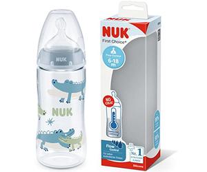 NUK First Choice+ Baby Bottle - 6-18 Months - Temperature Control - Flow Control - Anti-Colic Aeration System - 360ml - BPA Free - Silicone Teat - Crocodile (Blue)