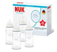 NUK First Choice Baby Bottles | 3+ Months | 240ml | Anti Colic Feeding Bottle | Glass | Temperature Control Indicator | Rainbow | 4 Count