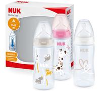 NUK First Choice+ Baby Bottles Set | 0-6 Months | Temperature Control | Anti Colic Vent | 300 ml | BPA-Free | Silicone Teat | 3 Count | Pink Giraffe