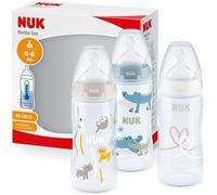 NUK First Choice+ Baby Bottles Set | 0-6 Months | Temperature Control | Anti Colic Vent | 300 ml | BPA-Free | Silicone Teat | 3 Count | Safari