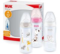 NUK First Choice+ Baby Bottles Set | 0-6 Months | Temperature Control | Anti Colic Vent | 300 ml | Silicone Teat | 3 Count | Pink Giraffe