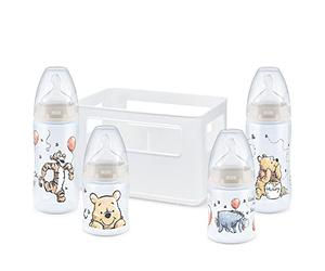 NUK First Choice+ Baby Bottles Starter Set | 0-6 Months | 4 Temperature Control Bottles & Bottle Crate | Anti Colic Vent | BPA-Free | Disney Winnie the Pooh
