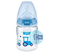 Nuk First Choice+ Bottle, 0-6 Months, Temperature Control, Anti-Colic Valve, Silicone Teat, BPA Blue Tractor, 150 Mil