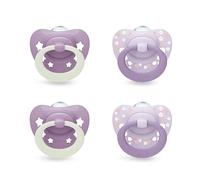 NUK First Choice Classic Night Baby Dummy | 0-6 Months | Orthodontic Soothers That Glow in The Dark | 95% Baby Acceptance** | Purple | 4 Count
